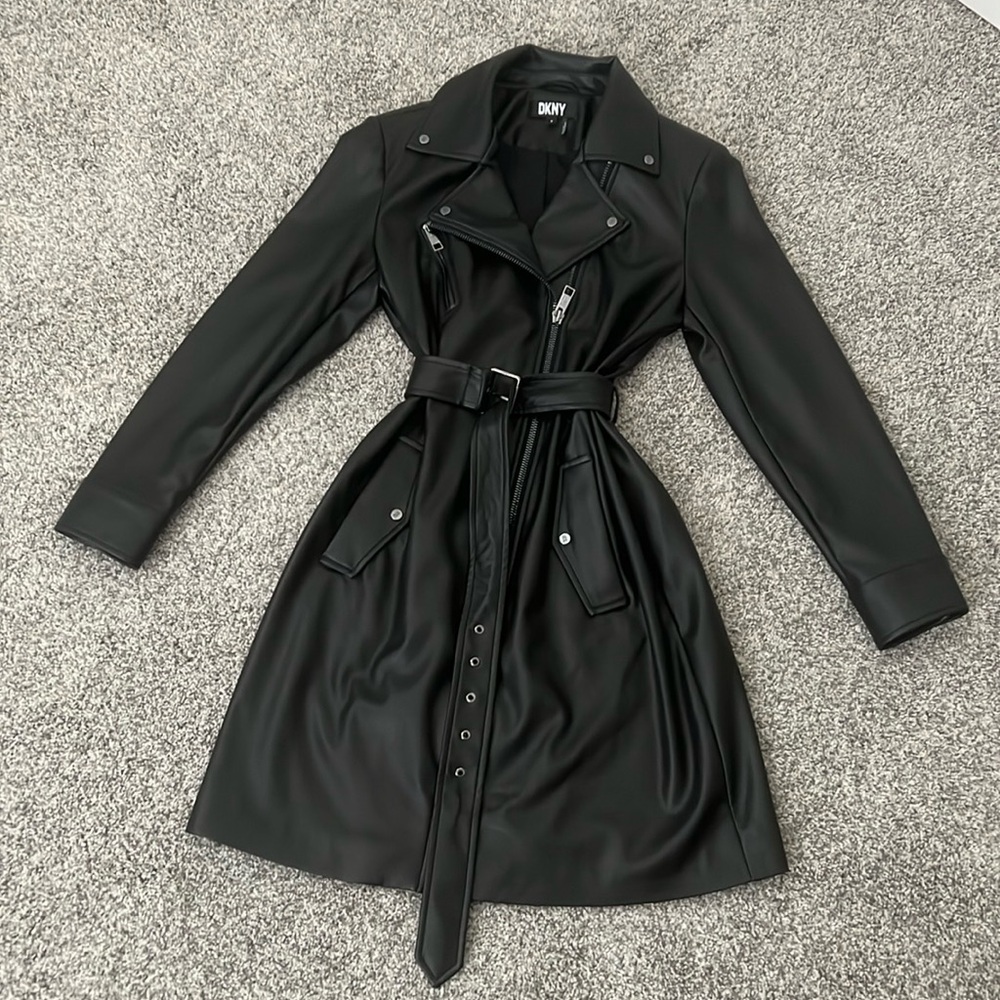 Women’s DKNY faux leather trenchcoat. 35 inches . Shoulder to bottom